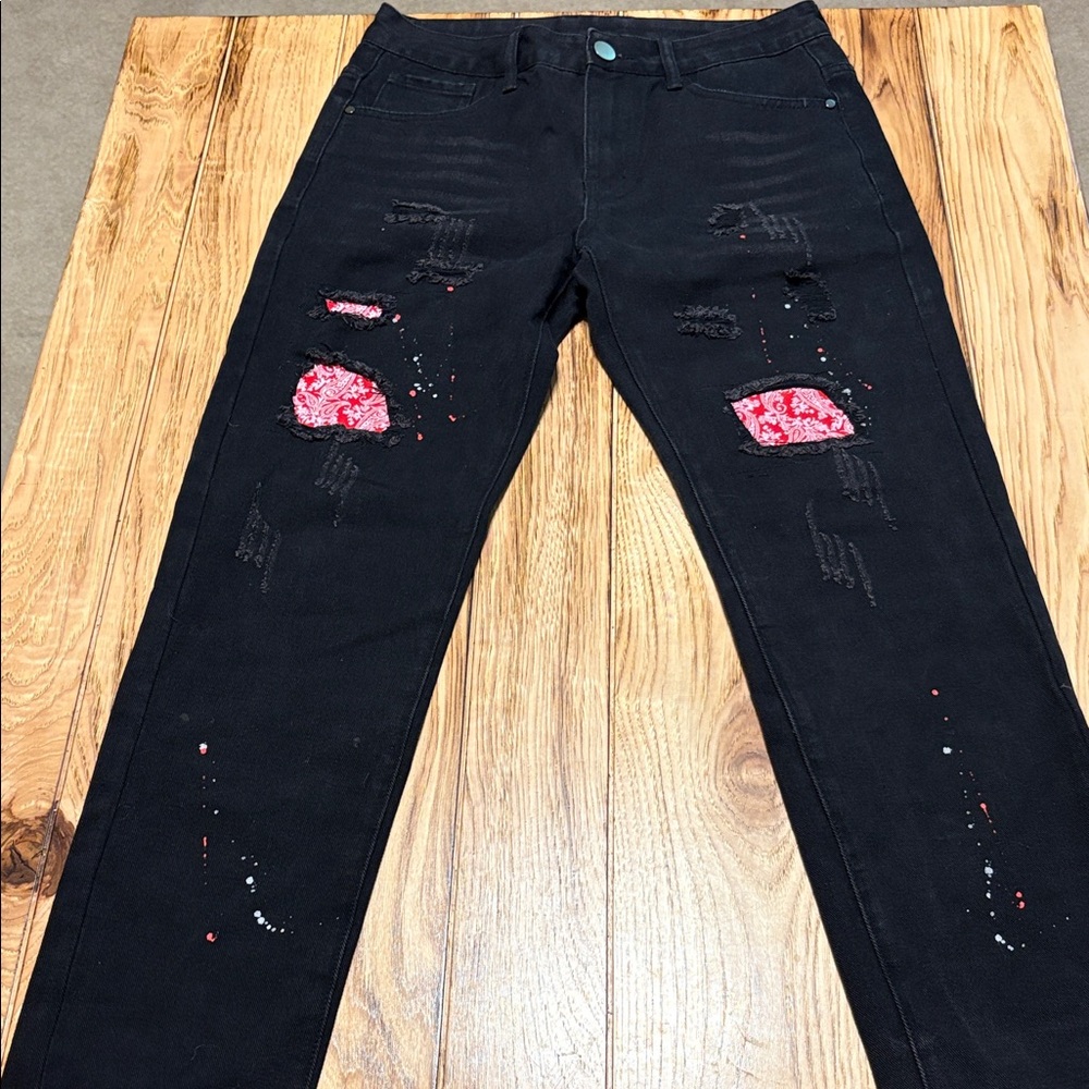 SHEIN Black Ripped Relax Jeans with Red & White Distressed Details NWOT